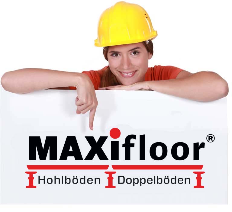 MAXifloor Schild Handwerker zeigt auf MAXifloor Schild